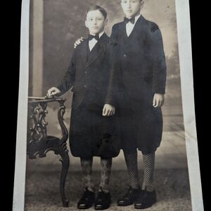 Antique Black White Postcard RPPC 2 Brothers Dressed Up AZO Square Socks Bow Tie